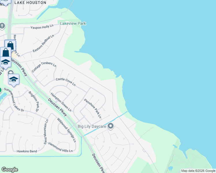 map of restaurants, bars, coffee shops, grocery stores, and more near 13610 Lakeside Terrace Drive in Houston