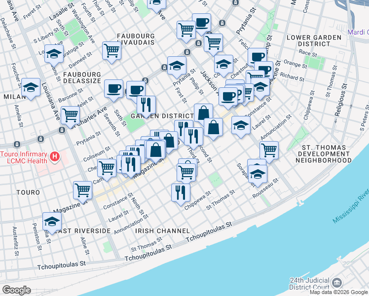 map of restaurants, bars, coffee shops, grocery stores, and more near 1021 Fourth Street in New Orleans