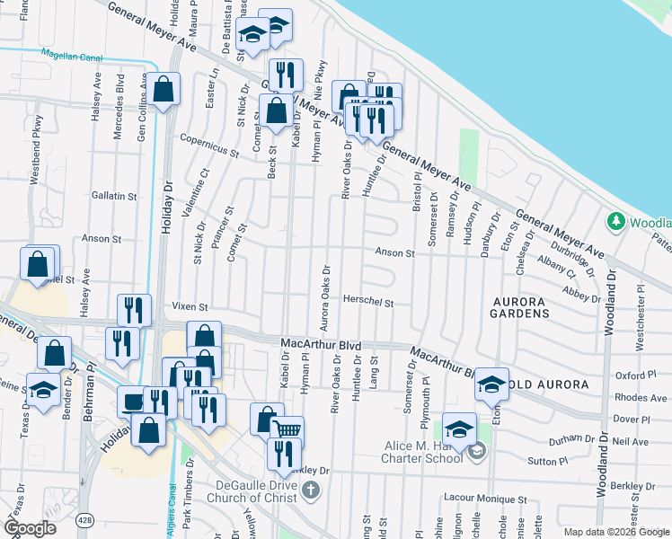map of restaurants, bars, coffee shops, grocery stores, and more near 537 Aurora Oaks Drive in New Orleans