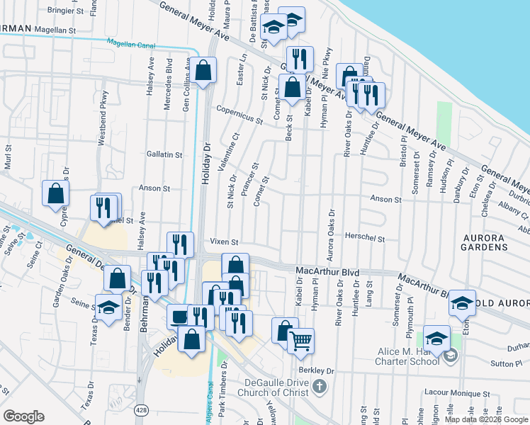 map of restaurants, bars, coffee shops, grocery stores, and more near 2632 Comet Street in New Orleans