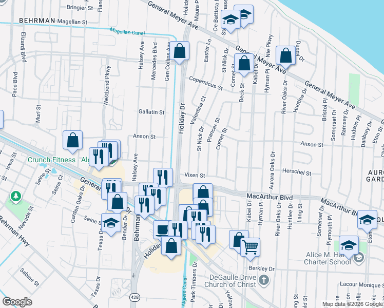 map of restaurants, bars, coffee shops, grocery stores, and more near 2634 Saint Nick Drive in New Orleans