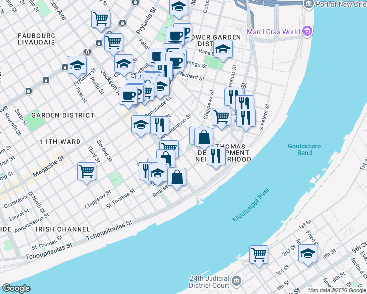 map of restaurants, bars, coffee shops, grocery stores, and more near 2060 Saint Thomas Street in New Orleans