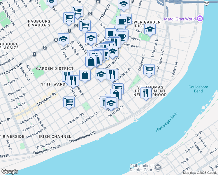 map of restaurants, bars, coffee shops, grocery stores, and more near 2224 Annunciation Street in New Orleans