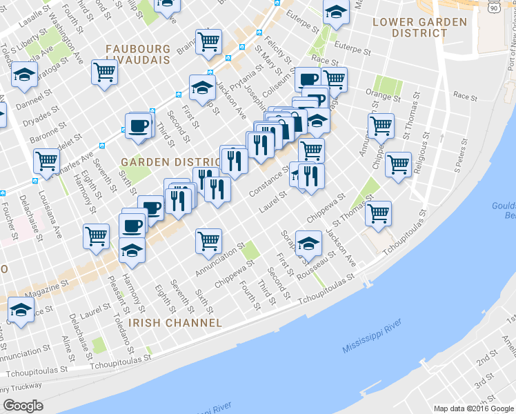 map of restaurants, bars, coffee shops, grocery stores, and more near in New Orleans