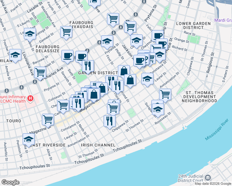map of restaurants, bars, coffee shops, grocery stores, and more near 1021 Fourth Street in New Orleans