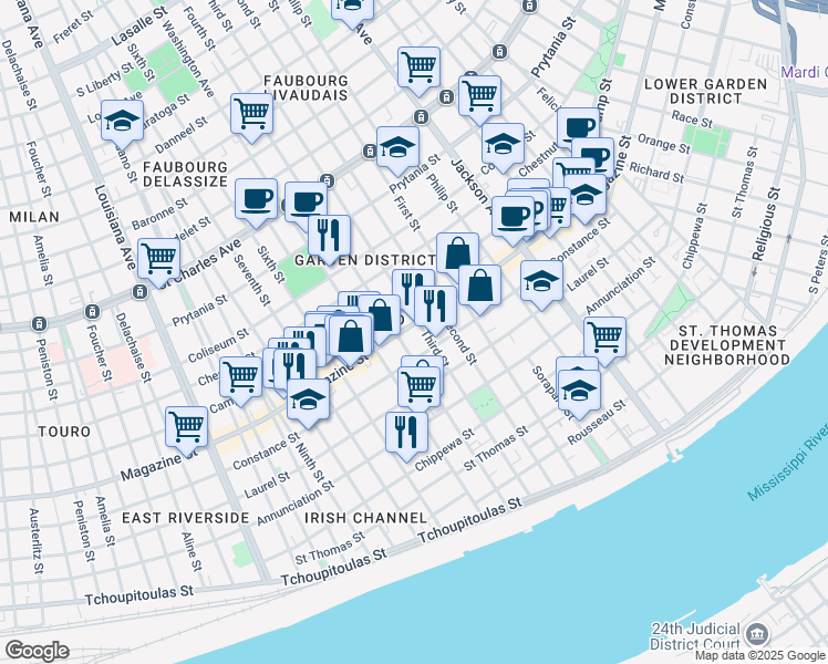 map of restaurants, bars, coffee shops, grocery stores, and more near 1021 Fourth Street in New Orleans