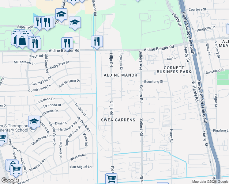 map of restaurants, bars, coffee shops, grocery stores, and more near 15601 Lillja Road in Houston
