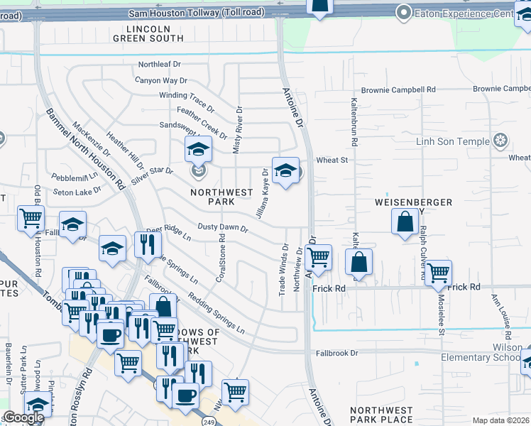 map of restaurants, bars, coffee shops, grocery stores, and more near 10302 Jillana Kaye Drive in Houston