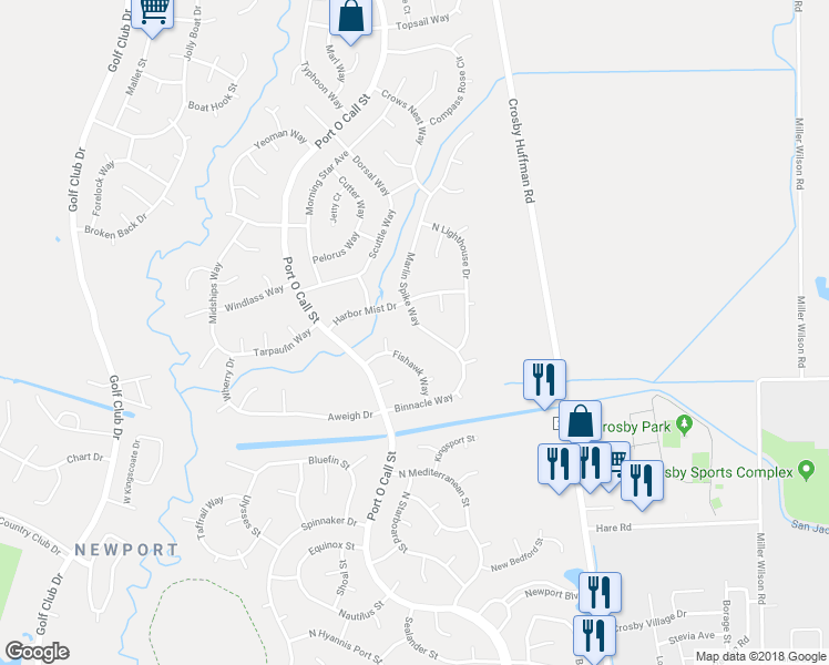 map of restaurants, bars, coffee shops, grocery stores, and more near 16843 Marlin Spike Way in Crosby