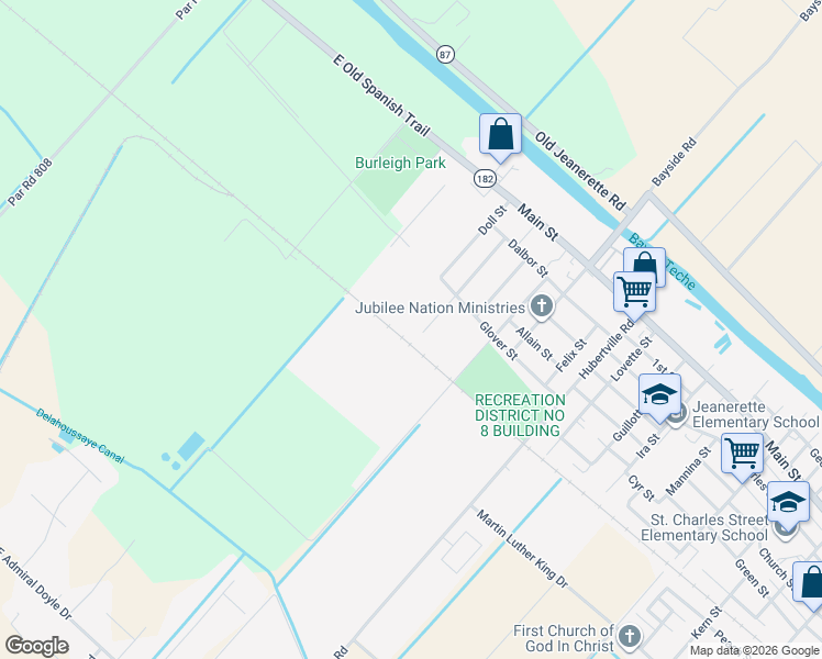 map of restaurants, bars, coffee shops, grocery stores, and more near 612 Katherine Street in Jeanerette