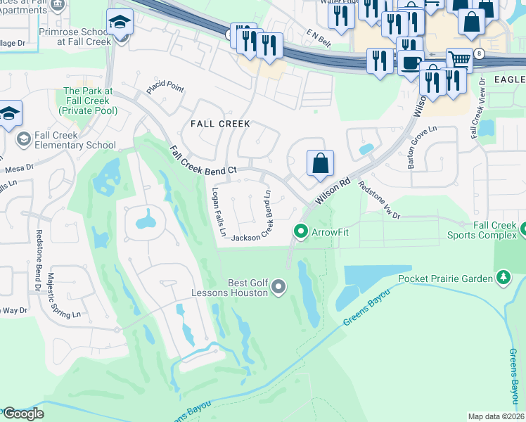 map of restaurants, bars, coffee shops, grocery stores, and more near 8531 Jackson Creek Bend Lane in Humble