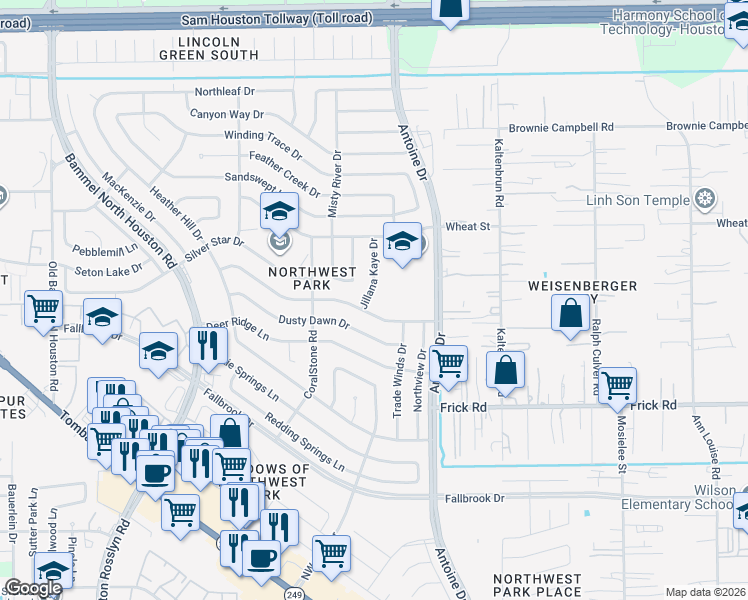 map of restaurants, bars, coffee shops, grocery stores, and more near 10302 Jillana Kaye Drive in Houston