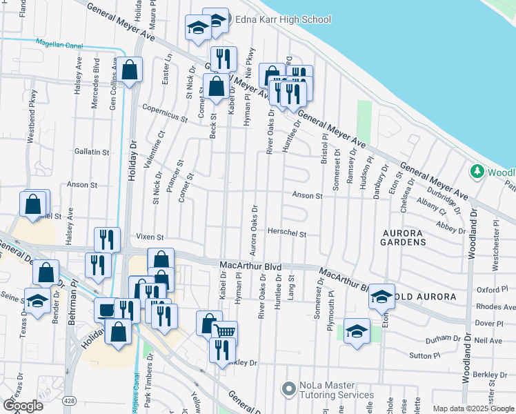 map of restaurants, bars, coffee shops, grocery stores, and more near 537 Aurora Oaks Drive in New Orleans