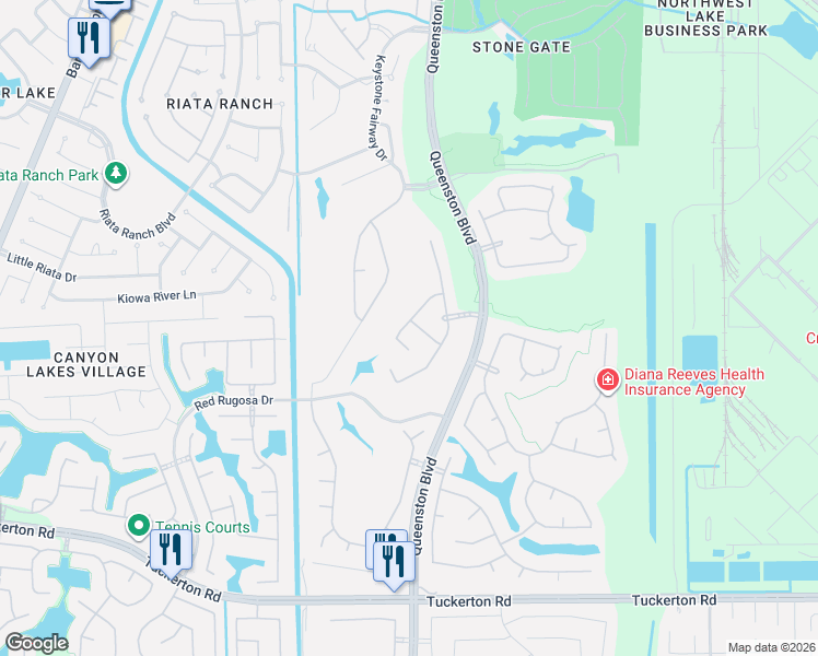 map of restaurants, bars, coffee shops, grocery stores, and more near 16718 Vivian Point Lane in Houston