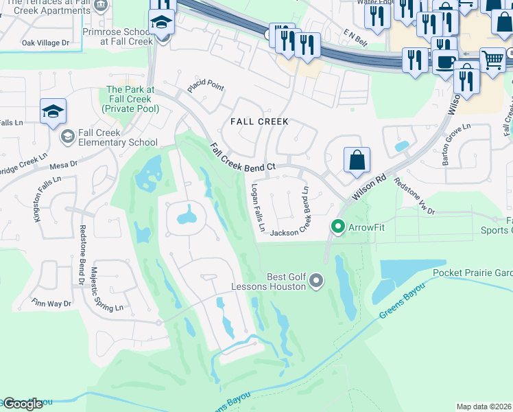 map of restaurants, bars, coffee shops, grocery stores, and more near 14602 Logan Falls Lane in Humble