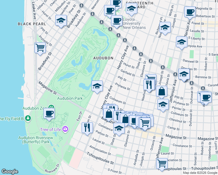 map of restaurants, bars, coffee shops, grocery stores, and more near 6201 Perrier Street in New Orleans