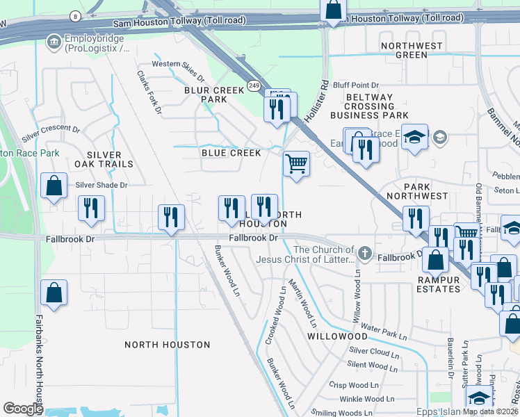map of restaurants, bars, coffee shops, grocery stores, and more near 10935 Fairbanks N Houston Road in Houston