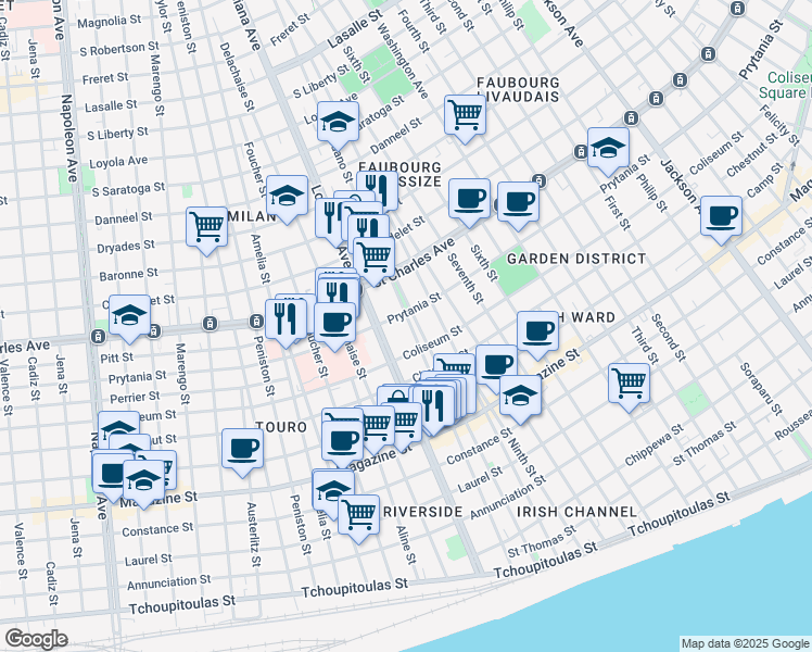 map of restaurants, bars, coffee shops, grocery stores, and more near 1427 Louisiana Avenue in New Orleans