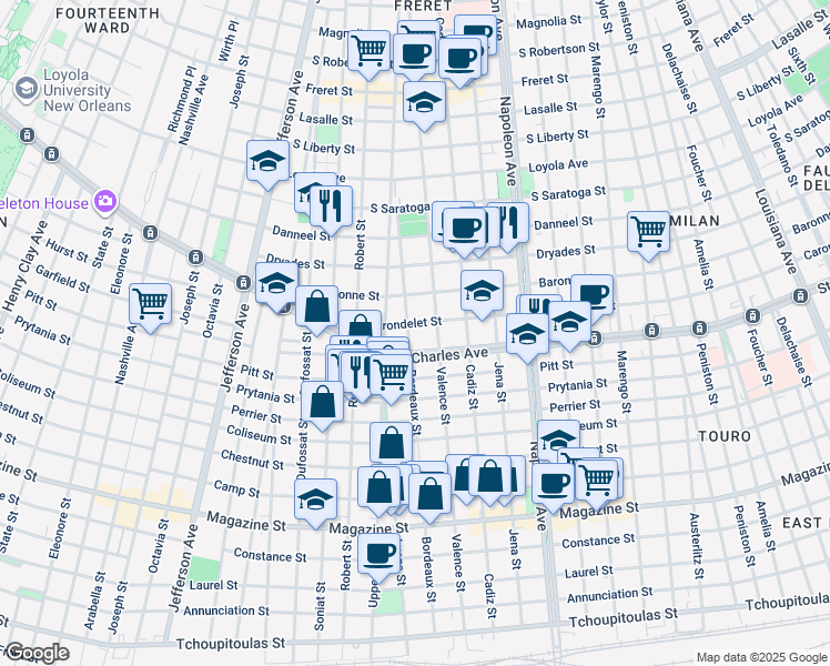 map of restaurants, bars, coffee shops, grocery stores, and more near 4739 Saint Charles Avenue in New Orleans