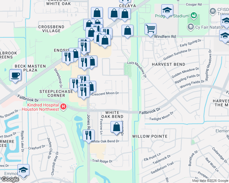 map of restaurants, bars, coffee shops, grocery stores, and more near 10643 Buffalo Bend Drive in Houston