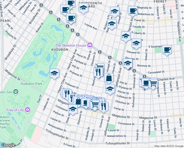 map of restaurants, bars, coffee shops, grocery stores, and more near 5816 Pitt Street in New Orleans