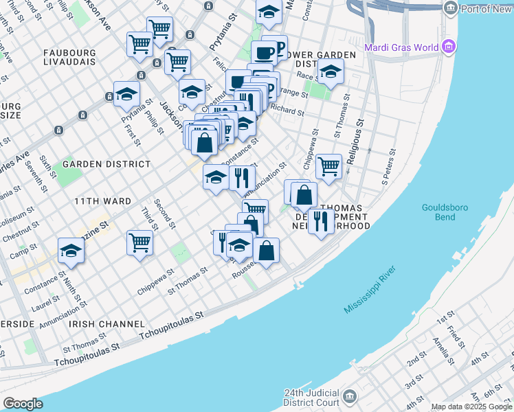 map of restaurants, bars, coffee shops, grocery stores, and more near 2125 Chippewa Street in New Orleans