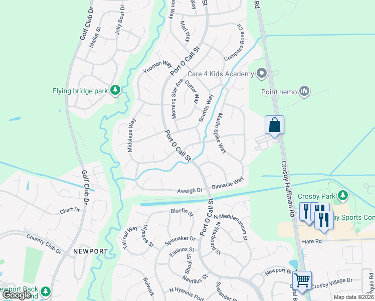 map of restaurants, bars, coffee shops, grocery stores, and more near 619 Harbor Mist Drive in Crosby