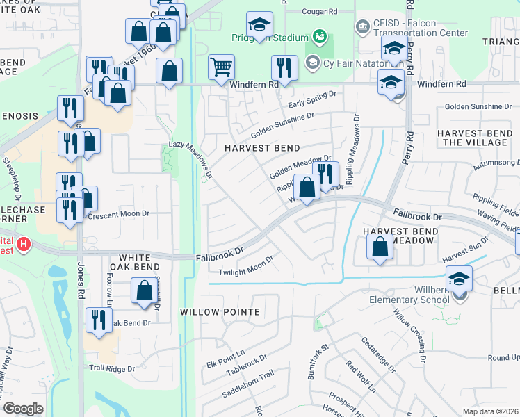 map of restaurants, bars, coffee shops, grocery stores, and more near 10710 Lazy Meadows Drive in Houston