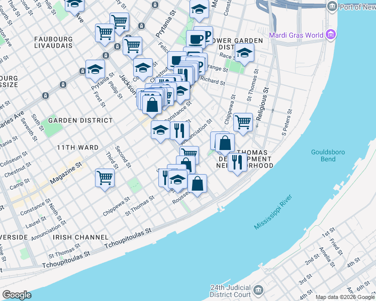 map of restaurants, bars, coffee shops, grocery stores, and more near 2125 Chippewa St in New Orleans