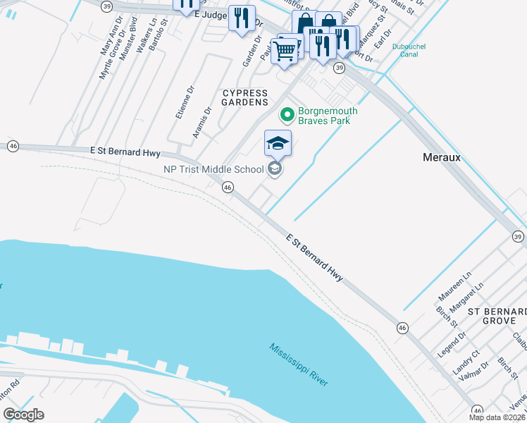 map of restaurants, bars, coffee shops, grocery stores, and more near 2005 Webster Street in Meraux