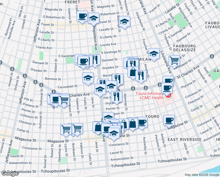 map of restaurants, bars, coffee shops, grocery stores, and more near 4239 Saint Charles Avenue in New Orleans