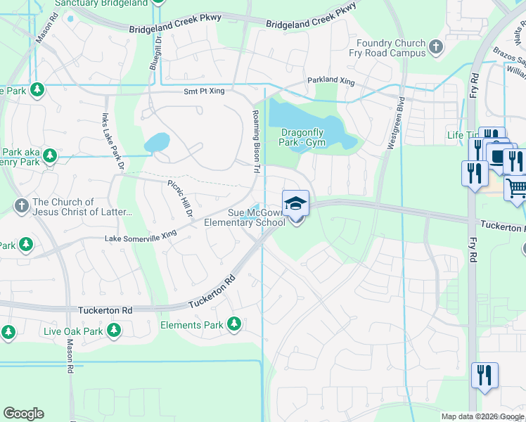 map of restaurants, bars, coffee shops, grocery stores, and more near 19006 River Otter Lane in Harris County
