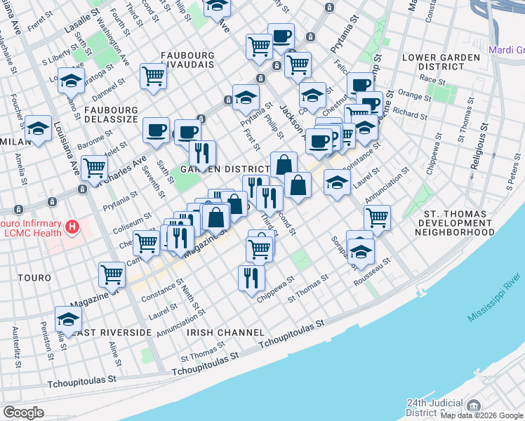 map of restaurants, bars, coffee shops, grocery stores, and more near 1021 Fourth Street in New Orleans