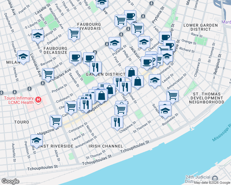 map of restaurants, bars, coffee shops, grocery stores, and more near 1021 Fourth Street in New Orleans