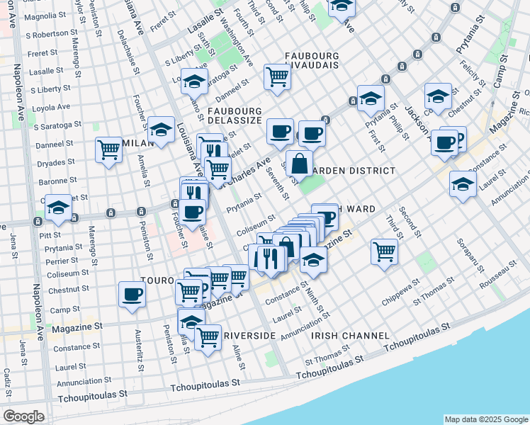 map of restaurants, bars, coffee shops, grocery stores, and more near 3219 Coliseum Street in New Orleans