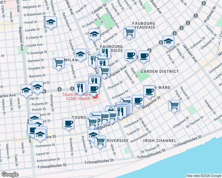 map of restaurants, bars, coffee shops, grocery stores, and more near 1427 Louisiana Avenue in New Orleans