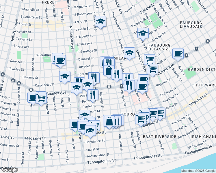 map of restaurants, bars, coffee shops, grocery stores, and more near 4002 Saint Charles Avenue in New Orleans