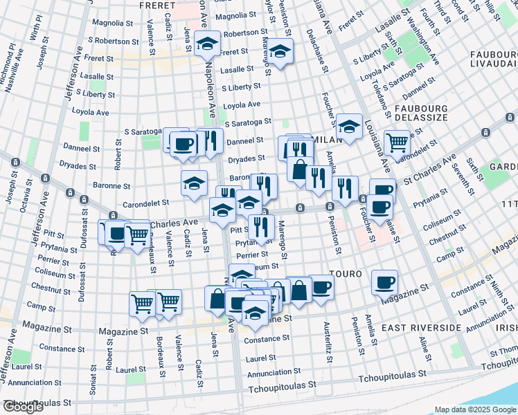 map of restaurants, bars, coffee shops, grocery stores, and more near 4216 Saint Charles Avenue in New Orleans