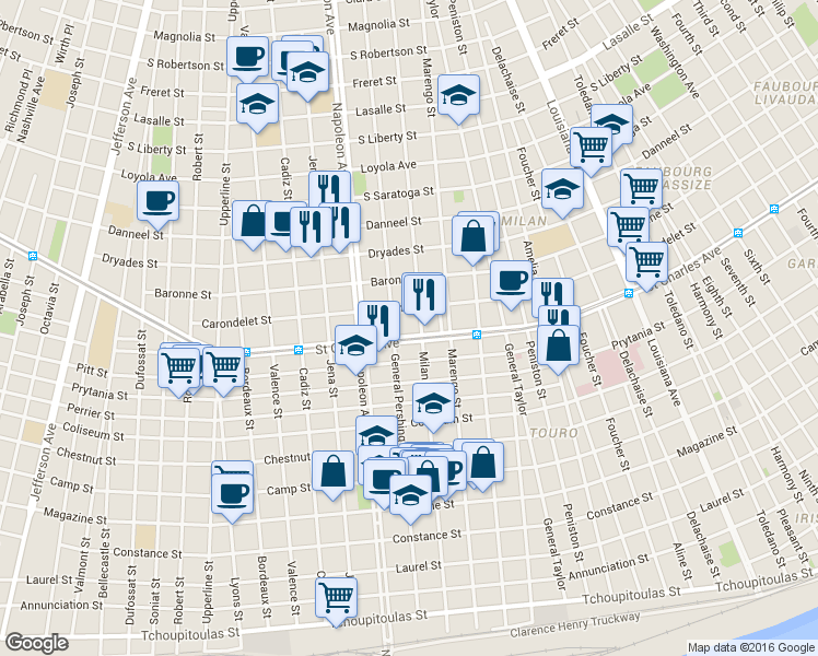 map of restaurants, bars, coffee shops, grocery stores, and more near 4216 Saint Charles Avenue in New Orleans