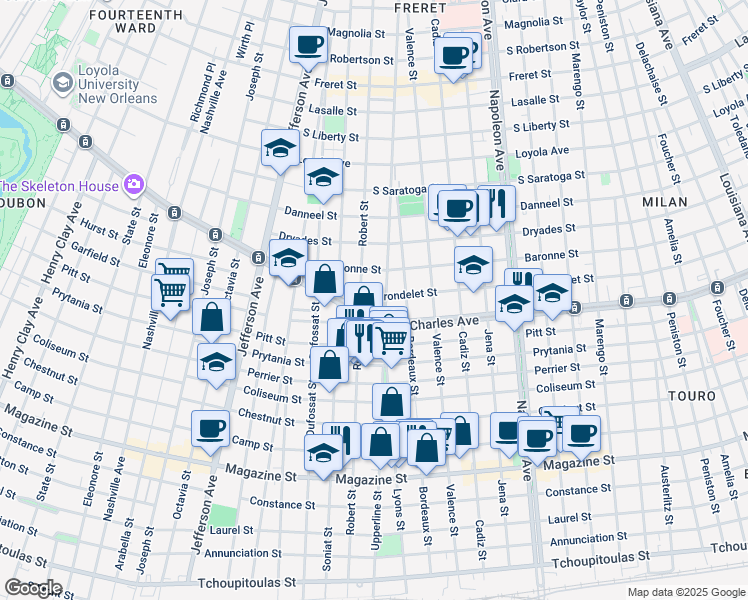 map of restaurants, bars, coffee shops, grocery stores, and more near 4905 Saint Charles Avenue in New Orleans