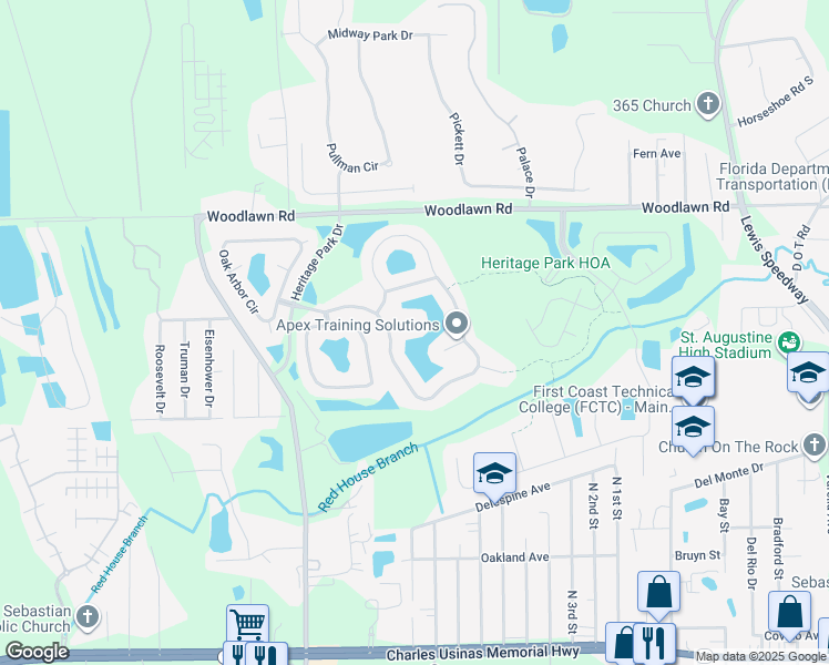map of restaurants, bars, coffee shops, grocery stores, and more near 640 East Red House Branch Road in St. Augustine