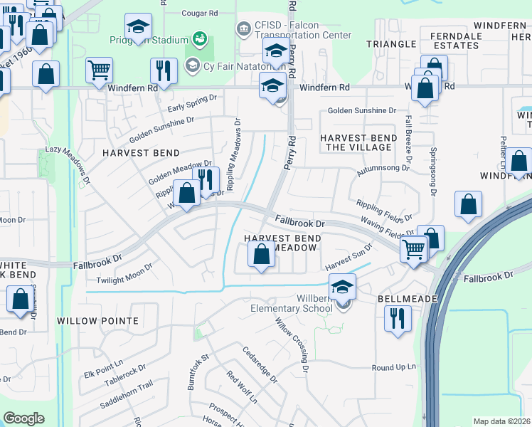 map of restaurants, bars, coffee shops, grocery stores, and more near Fallbrook Dr & Perry Rd in Houston