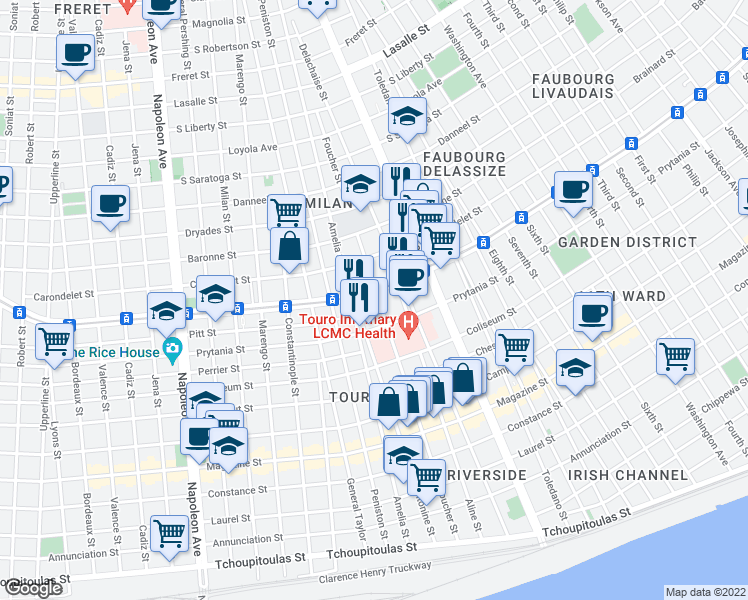 map of restaurants, bars, coffee shops, grocery stores, and more near 3527 Prytania Street in New Orleans