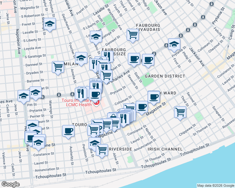 map of restaurants, bars, coffee shops, grocery stores, and more near 1438 Pleasant Street in New Orleans