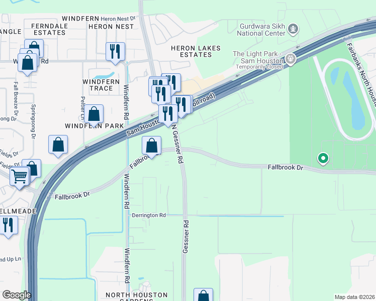 map of restaurants, bars, coffee shops, grocery stores, and more near Fallbrook Drive in Houston