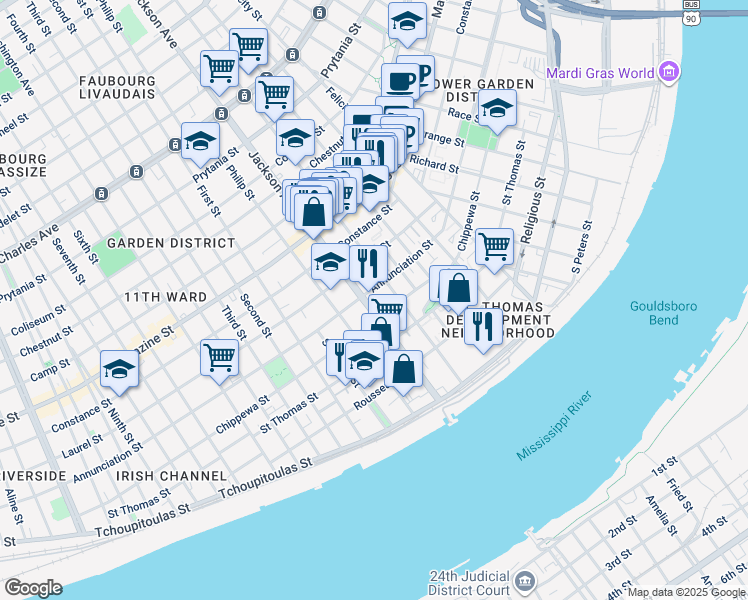 map of restaurants, bars, coffee shops, grocery stores, and more near 727 Jackson Avenue in New Orleans