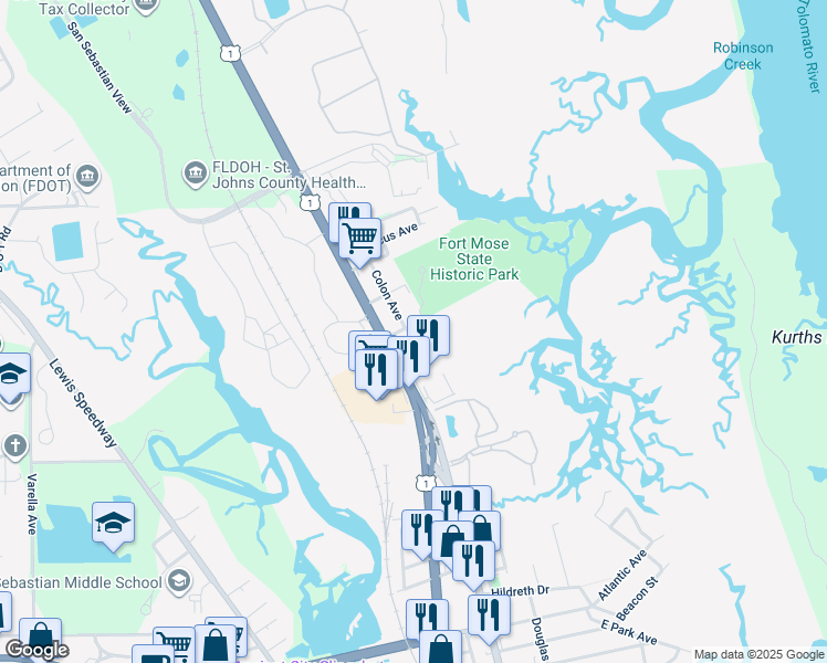 map of restaurants, bars, coffee shops, grocery stores, and more near 60 Colon Avenue in St. Augustine
