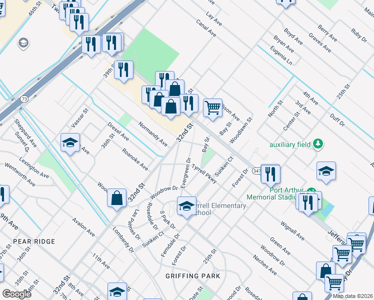 map of restaurants, bars, coffee shops, grocery stores, and more near 4610 Hollywood Drive in Port Arthur