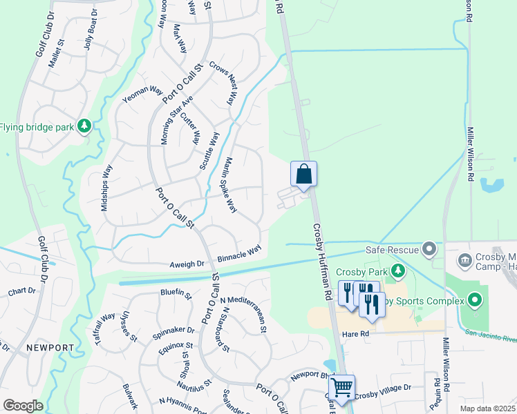 map of restaurants, bars, coffee shops, grocery stores, and more near 16818 Marlin Spike Way in Crosby