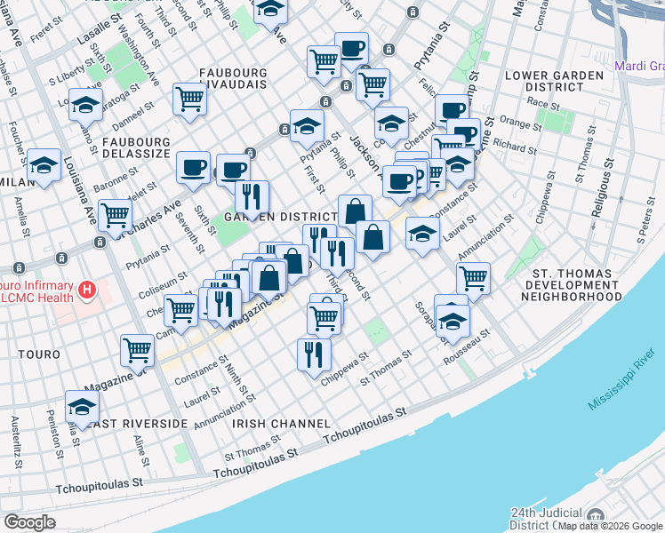 map of restaurants, bars, coffee shops, grocery stores, and more near 1021 Fourth Street in New Orleans
